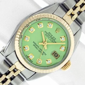 Rolex Lady DateJust Green Diamond Watch Steel and Yellow Gold Fluted Bezel - Picture 1 of 12