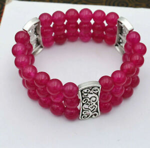 3 Row 8mm Rose Red Jade Gems Round Beads Stretch Tibetan silver Bracelet 7.5''