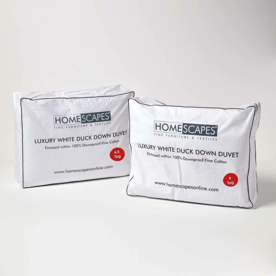 HOMESCAPES Luxury White Duck Down 13.5, 15 Tog All Seasons Duvet Set in All Sizes