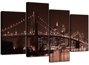 Large Brown New York Canvas Wall Art Pictures Manhattan Brooklyn 4122 - Picture 1 of 9