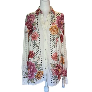 Farm Rio Floral Polka Dot Button Up Shirt Blouse Long Sleeve Womens Size Large - Picture 1 of 11
