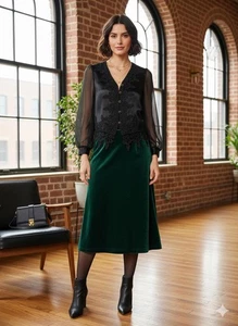 Vintage schwarze Satinbluse mit transparenten Ärmeln und Spitzenbesatz Gr. M - Bild 1 von 7
