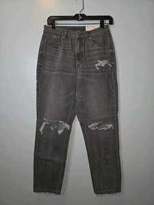 American Eagle Mom Jeans Womens 6 28w Faded Black Straight Distressed Stretch - Picture 1 of 5