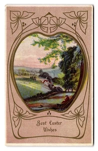 Vintage Easter Postcard Best Easter Wishes Scenic Country View - Picture 1 of 2