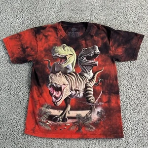 The Mountain Shirt Boys Large Red Black Tie Dye T Rex Dinosaur Short Sleeves - Picture 1 of 9