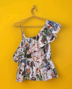 H&M One Shoulder Top Cropped Drapped Leaves Fairy Tropical US14 - Bild 1 von 9