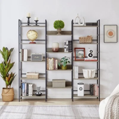 Triple Wide 5-shelf Bookshelves Industrial Retro Wooden Style Home and Office - Image 1 of 4