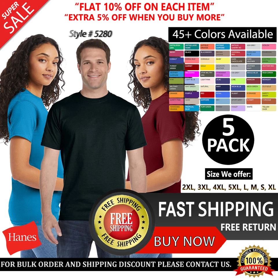 PACK DE 5 Hanes Essential 100 % algodón adulto 5,2 oz. Camiseta de algodón - 5280 Foto 1 de 2