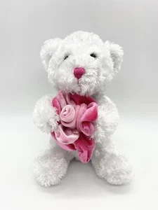 Peluche orsacchiotto bianco Dan Dee che tiene rosa stile velluto fiore peluche 7,5" - Foto 1 di 8
