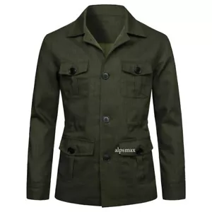 Men's 100% Linen Safari Jacket Pockets Slim Fit Hunting Coat Casual Tops British - Picture 1 of 24
