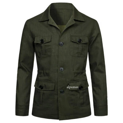 Men's 100% Linen Safari Jacket Pockets Slim Fit Hunting Coat Casual Tops British - Image 1 of 4