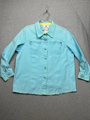 Quacker Factory Womens Plus Size 1X Light Blue Denim Jacket Rhinestone Spring - Image 1 of 4