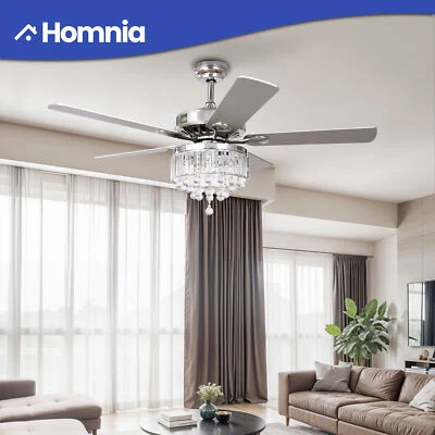 HOMNIA 52" Modern Crystal Indoor Ceiling Fan Chandelier w/ Light and Remote Reversible