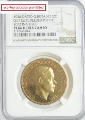 UK Edward VIII 1936 FANTASY Gold-plated copper coin 2012 NGC PF66 - Image 1 of 2