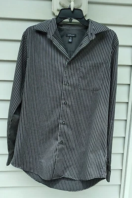 Van Huessen Dress Shirt Size 14 - 14 1/2 Small Black Grey Stripe Long Sleeve - Image 1 of 4