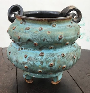 Seltene Kunstkeramik Keramik Vase Gefäß von Robin Roi New York Künstler blau / grün - Bild 1 von 9