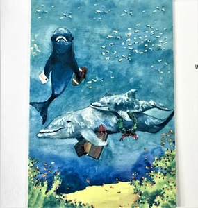 Vintage (circa 1990s) "Dolphins" Original Watercolor Christmas Card - Individual - Picture 1 of 3