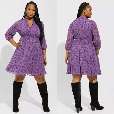 NWT Torrid 1 Purple Floral Mini Clip Dot Front Keyhole Dress 1X 14-16 Whimsical - Image 1 of 4