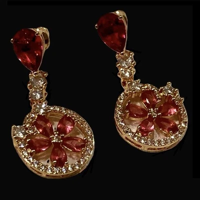 18k 镀金实验室制作红色蓝宝石花卉吊坠耳环女士珠宝礼品 — 第 1/4 张图片