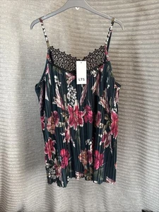 Long Tall Sally Green Floral Print Crinkle Tunic Top Lace Trim UK 14 BNWT Summer - Picture 1 of 7