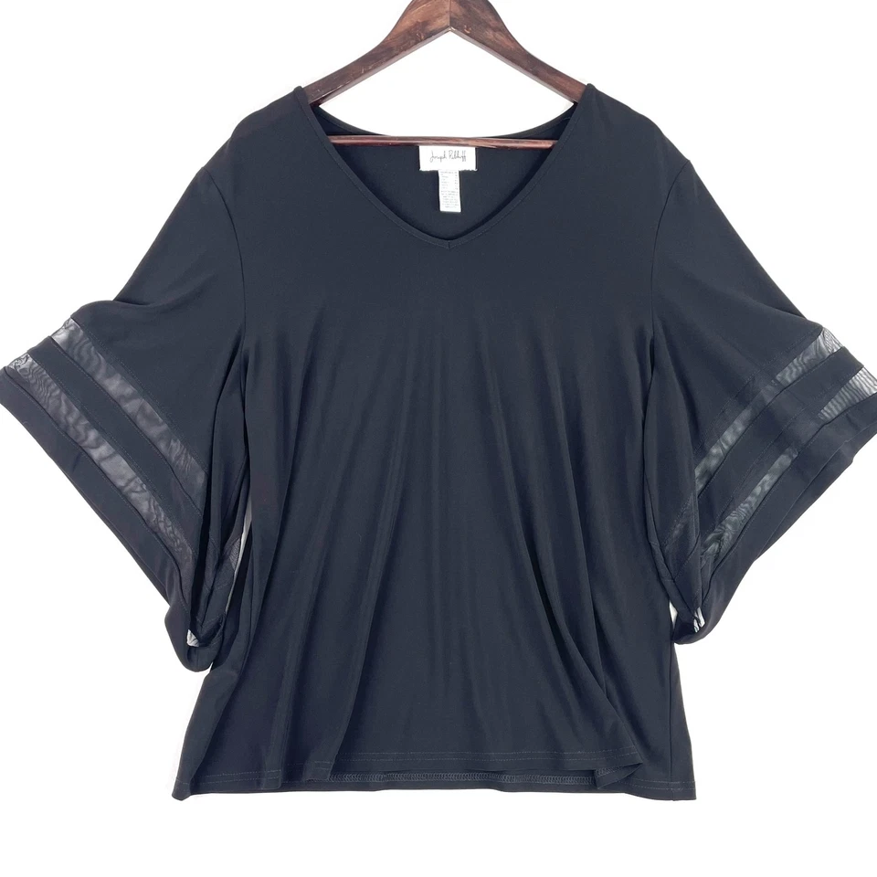 Joseph Ribkoff V-Neck Top Size UK 16 Black Mesh Trim Bell Sleeve Relaxed Fit - image 1 of 4