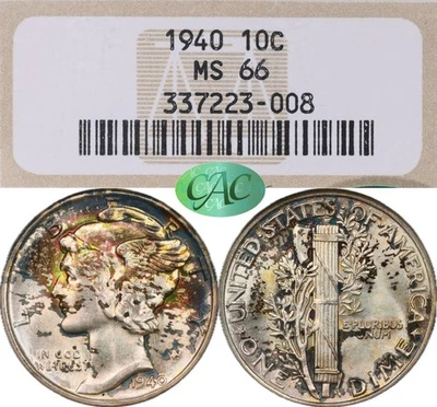 MS66 CAC 1940 10C Mercury Silver Dime, NGC Old Holder, Beautiful Rainbow Toned - Image 1 of 4