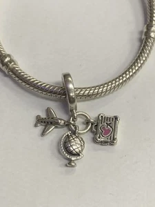 Pandora charms 925 sterling silver. Airplane, Globe & Suitcase Dangle Charm - Picture 1 of 5