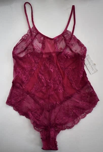 $94 NEW FLORA NIKROOZ Berry LACE TEDDY Mesh One-Piece Bodysuit L USA - Picture 1 of 9