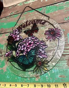 Vintage 12” Flowers & Butterflies Window Glass Light Sun Catcher Decor - Picture 1 of 6