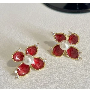 Red Enamel Flower Gold-Plated Stud Earrings Big White Pearl Buy 1 Get 2 Free - Picture 1 of 6
