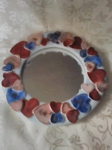 Handmade Stoneware Mosaic 3-D Hearts Mirror Signed by Artist Beautiful Detail - Picture 1 of 5