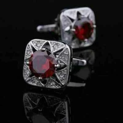 Traje Camisa Gemelos Hombre Granate Rojo Creado en Laboratorio Redondo 1.90Ct Chapado en Oro 14K Wh Foto 1 de 4