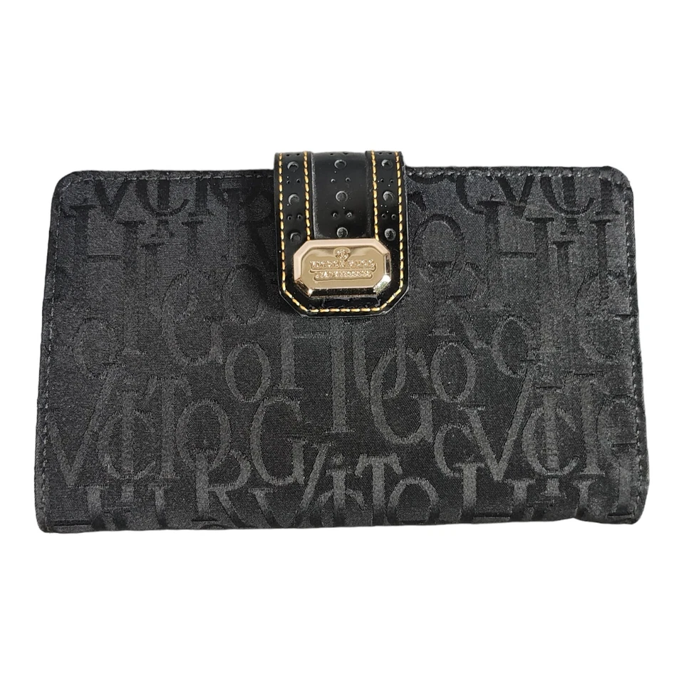 Cartera Victor Hugo One Mujer Negra Monograma Cuero Doble Pliegue Tarjeta de Crédito Logo Foto 1 de 4