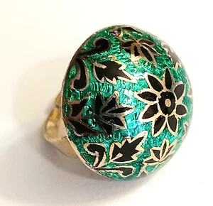 Vintage Emaille Guilloche Floral Kuppel Vermeil Sterlingsilber verstellbar Ring WOW - Bild 1 von 11