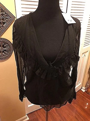 Blusa Charlotte Ronson Negra Mezcla Seda Manga Larga Transparente Volantes - Talla 6 Foto 1 de 4