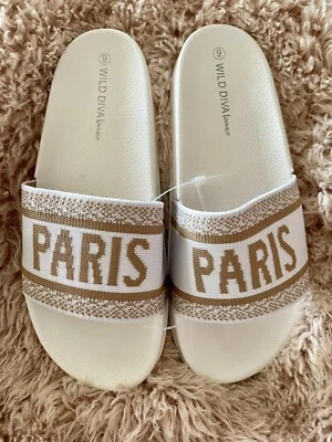 Chic NWT WILD DIVA Lounge PARIS Theme Slip-On SLIDES Flip Flop SANDALS Size 7 - Image 1 of 4