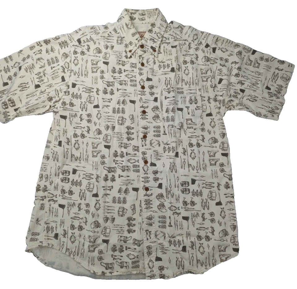 Camisa Woolrich Para Hombres Grande Beige SS Exterior Pesca Estampado Tema Lona Resistente Foto 1 de 4