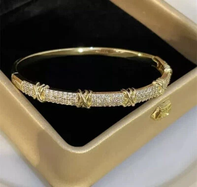 Теннисный браслет с круглым лабораторным покрытием из желтого золота 7,5 дюйма 14 карат с бриллиантами клевер 6 карат - Изображение 1 из 3