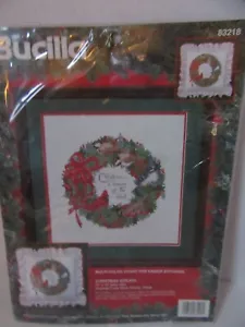 Bucilla Cross Stitch Kit 83218 Christmas Wreath 14" Holiday Blue Bird Cardinal - Picture 1 of 3