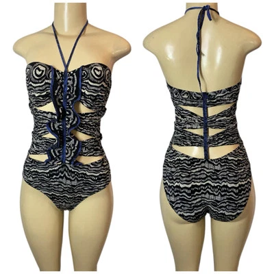 Gottex Cut Out  Strap 90’s Y2K Ruffle Geometric Print One Piece Swimsuit Size 8 - Image 1 of 4