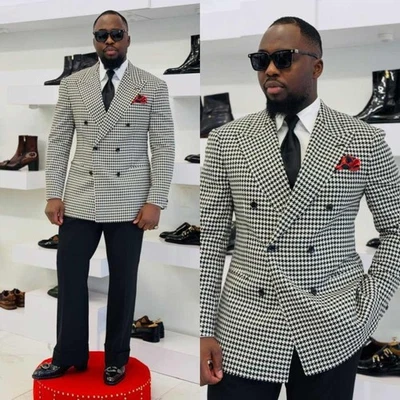 Traje de pata de gallo Tweed para hombre chaqueta de doble pecho ajuste regular solapa pico Foto 1 de 4