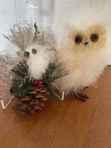 Pair Of Feathered Owl Christmas Ornaments Cute and Fluffy - Picture 1 of 6