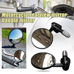 Black Motorcycle Handle Bar End Mirrors Round 7/8" For Cafe Racer Bobber Cruiser - Picture 1 of 14