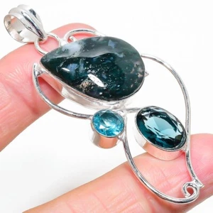 Natural Moss Agate Gemstone 925 Sterling Silver Jewelry Pendant Size 2.5" - Picture 1 of 1