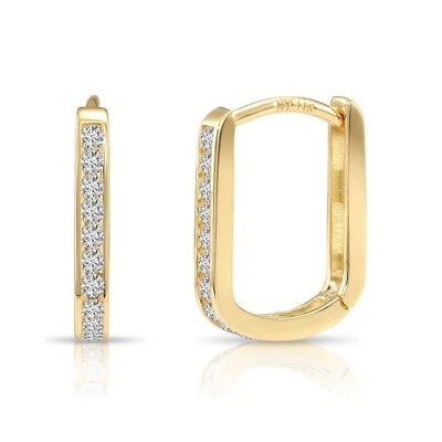 14K Solid Gold .25Ctw Eternity Diamond Small Huggie Hoop Earrings Lab Grown 13MM - Image 1 of 4
