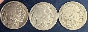 BUFFALO INDIAN HEAD NICKEL LOT (3) COINS WITH FULL DATES ALL DIFFERENT DATES - Bild 1 von 2