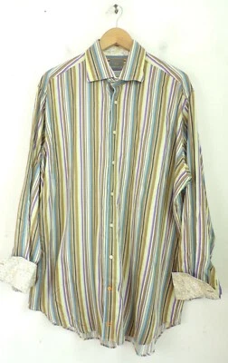 Camisa de vestir THOMAS DEAN XXL marrón verde y púrpura a rayas con puño en contraste Foto 1 de 4