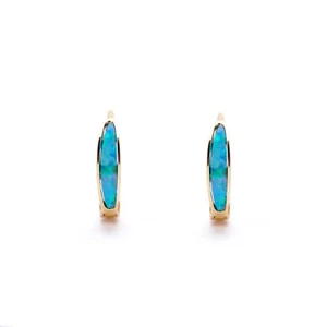 Real 14K Yellow Gold Green Opal Earrings Hoop Huggies - Picture 1 of 5