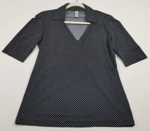 Merona Blouse Women’s Medium Black White Polka Dot Short Sleeve Collared Stretch - Picture 1 of 9