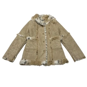 London Fog Suede Faux Fur Lined Long Sleeve Button Up Coat Youth Girls L (14-16) - Picture 1 of 10